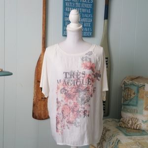 Yessica Très Magique Floral Graphic Tee Soft Romantic Parisian Style Top Large
